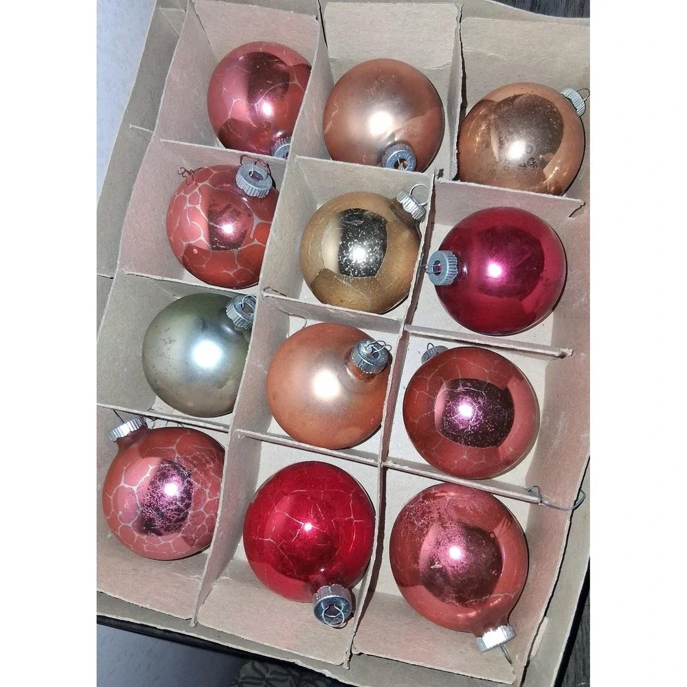 Vintage Shiny Brite Glass Christmas Ornaments Mixed Lot 12 Original Box Bottom
